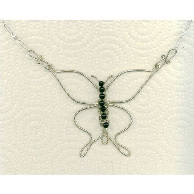 Signed Sterling Silver Butterfly Necklace Onyx Gems
