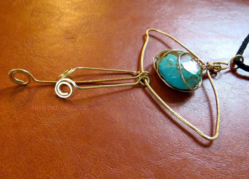 Signed Mimi Dee Studio Hammered Brass Eye Necklace Turquoise