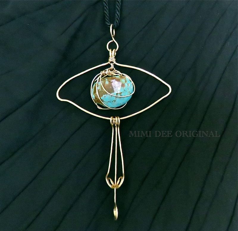 Signed Mimi Dee Studio Hammered Brass Eye Necklace Turquoise