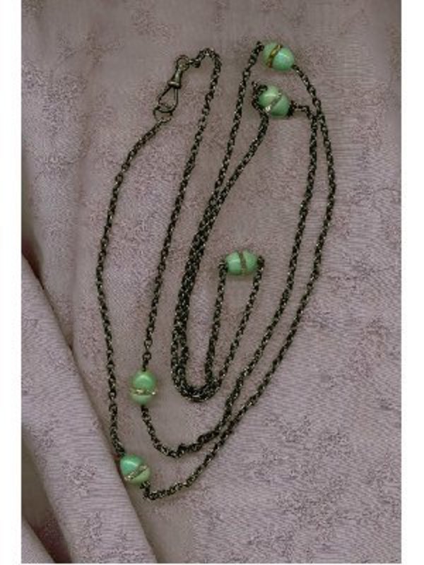 Vintage Gun Metal Longchain Green Glass Beads Crystal