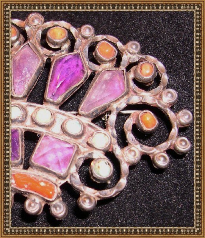 Signed Matl Pin Sterling Silver Coral Amethyst Turq