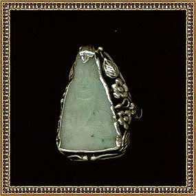 Vintage Arts Crafts Deco Sterling Silver Leaf Ring Carved Jade