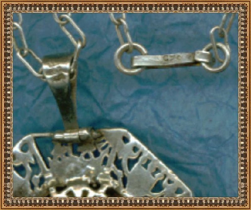 Vintage Sterling Silver 14K Pin Pendant Malachite Chain