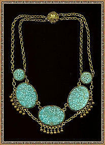 Art Deco Festoon Bib Turquoise Pierced Peking Glass