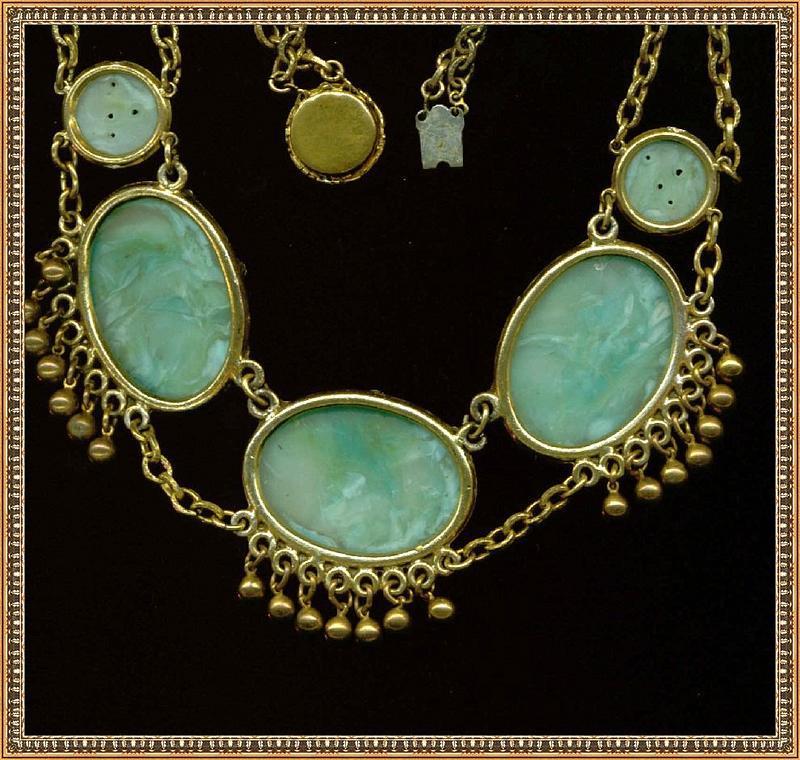 Art Deco Festoon Bib Turquoise Pierced Peking Glass