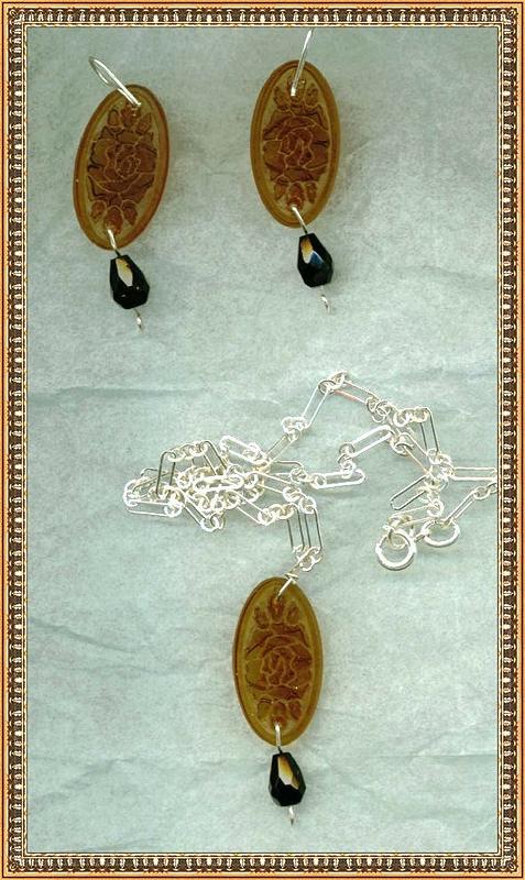 Etched Amber Glass Necklace Earrings Signed