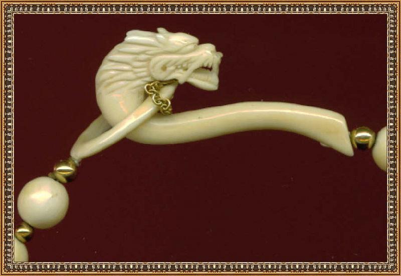 Vintage Carved Ivory Necklace Beads Dragon Clasp Hook