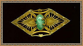 Vintage Gilt Brass Sash Pin Green Art Glass Cab Mottled