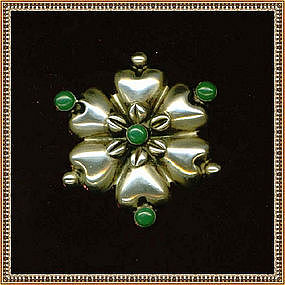 Sterling Mexico Pin 6 Puffy Hearts Flower Green Cabs