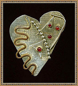 Modernist Sterling Pin Heart Gems Mixed Met*