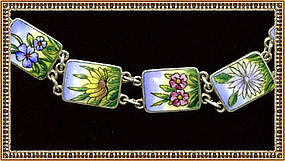 Vintage Hand Painted Enamel Ceramic Bracelet Flowers