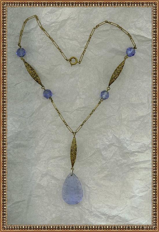 Art Nouveau Necklace Lavalier Etched Blue Glass Lilly