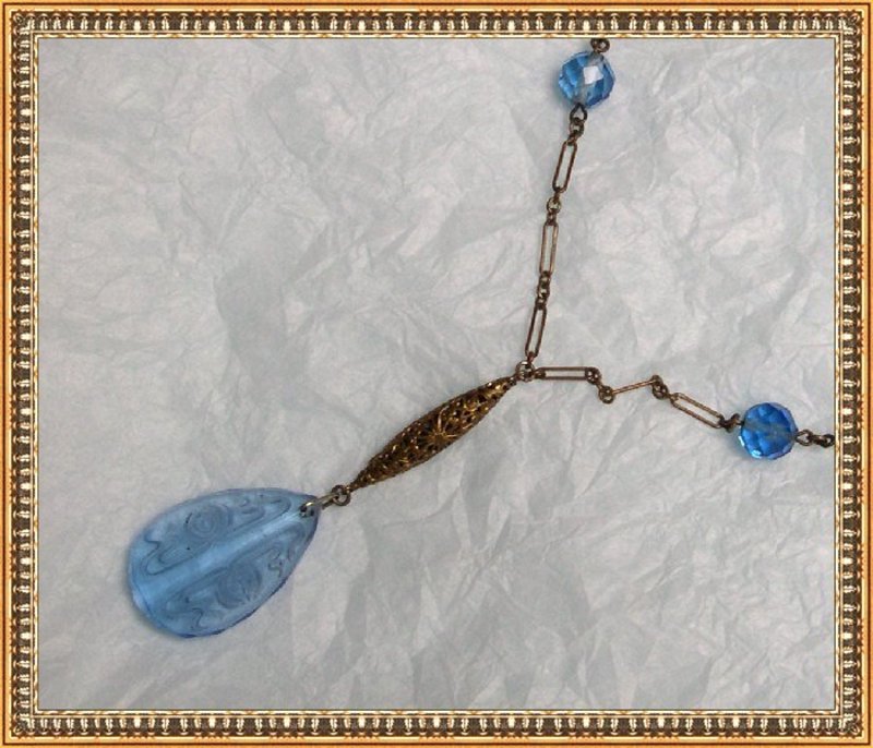 Art Nouveau Necklace Lavalier Etched Blue Glass Lilly