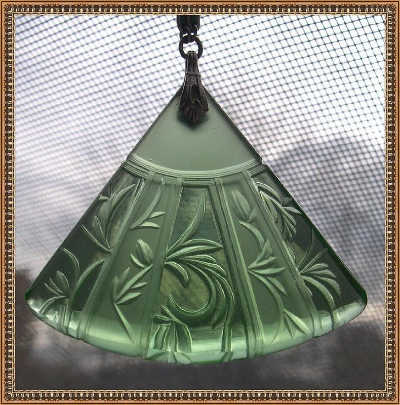 Etched Glass Drop Necklace Green Fan Art Deco