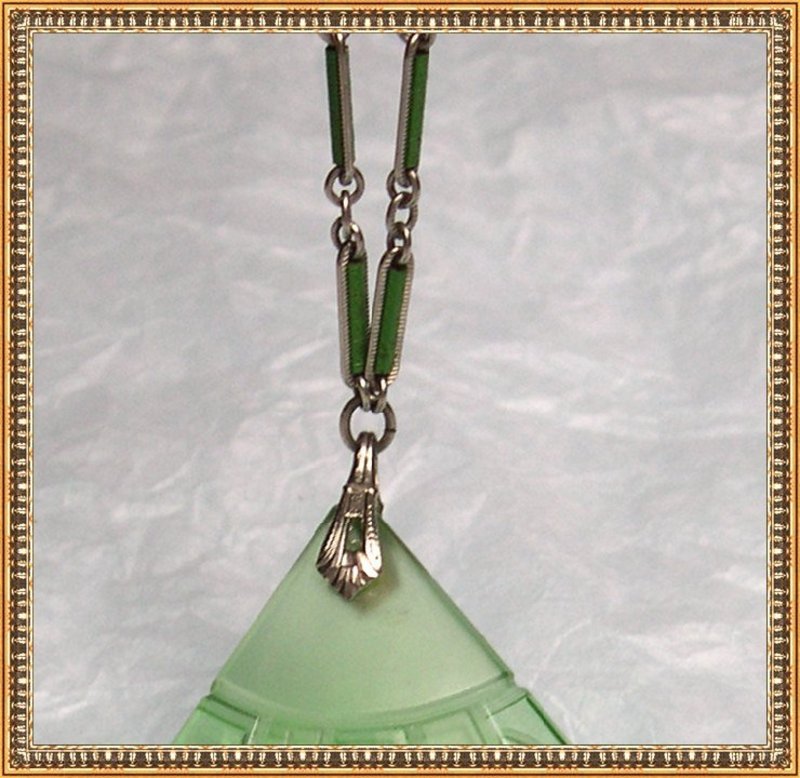 Etched Glass Drop Necklace Green Fan Art Deco