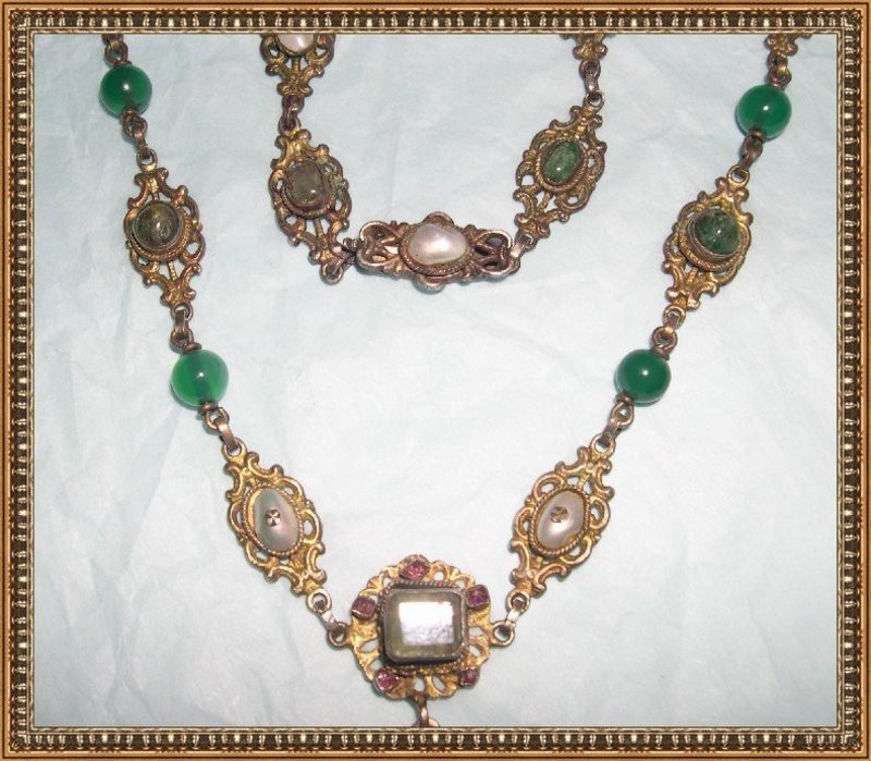 Signed W Antique Austro Hungarian Necklace Beryl Ruby Pearl