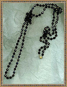 Vintage Black Glass Beads Necklace 5ft  60" Knotted "Jet" Rope