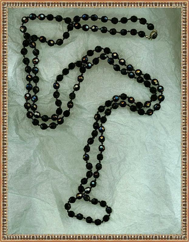 Vintage Black Glass Beads Necklace 5ft  60&quot; Knotted &quot;Jet&quot; Rope