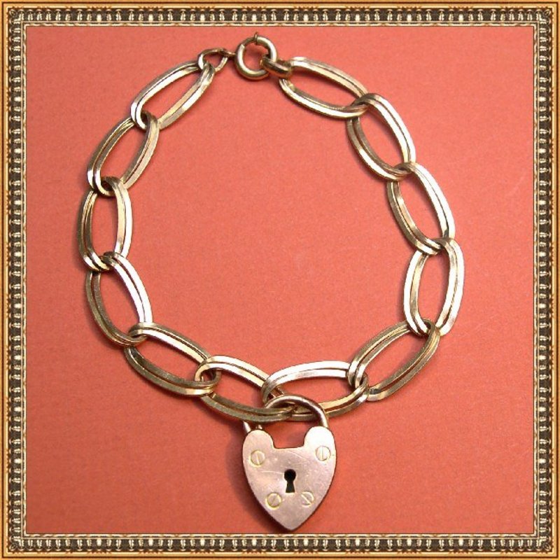 Vintage Antique Heart Lock Link Bracelet 12K gf