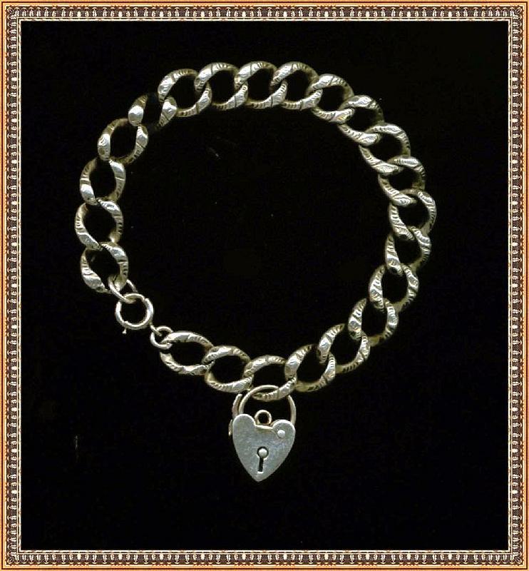 Etched Silver Heart Bracelet Link w Padlock Charm Early