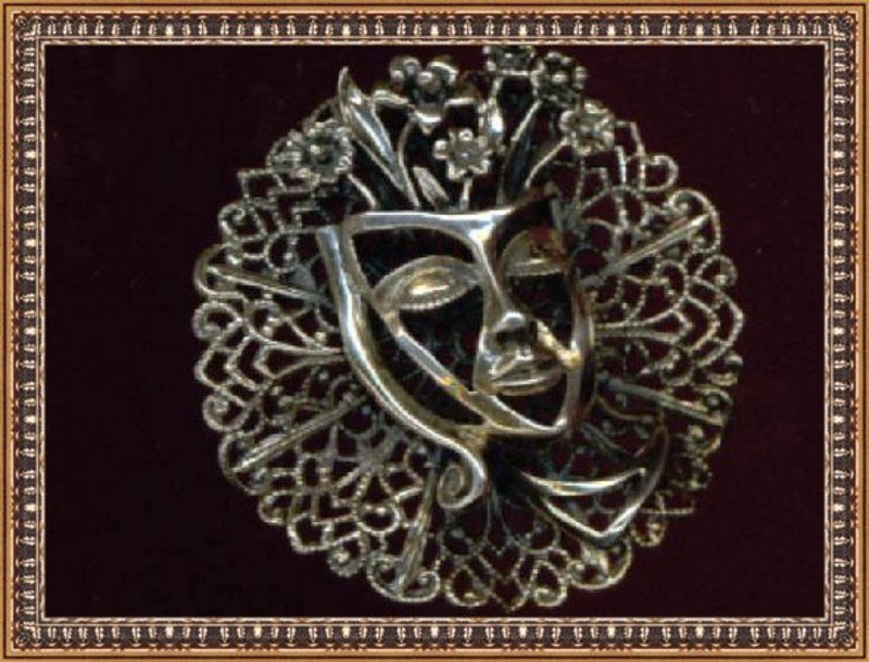 Marked Sterling Pin Filigree Theater Mask