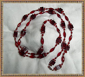 Vintage Art Deco 50" Long Knotted Red Glass Necklace Multi Cut Beads