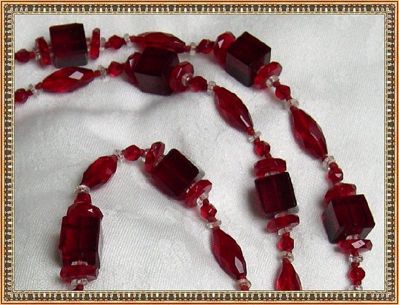 Vintage Art Deco 50&quot; Long Knotted Red Glass Necklace Multi Cut Beads