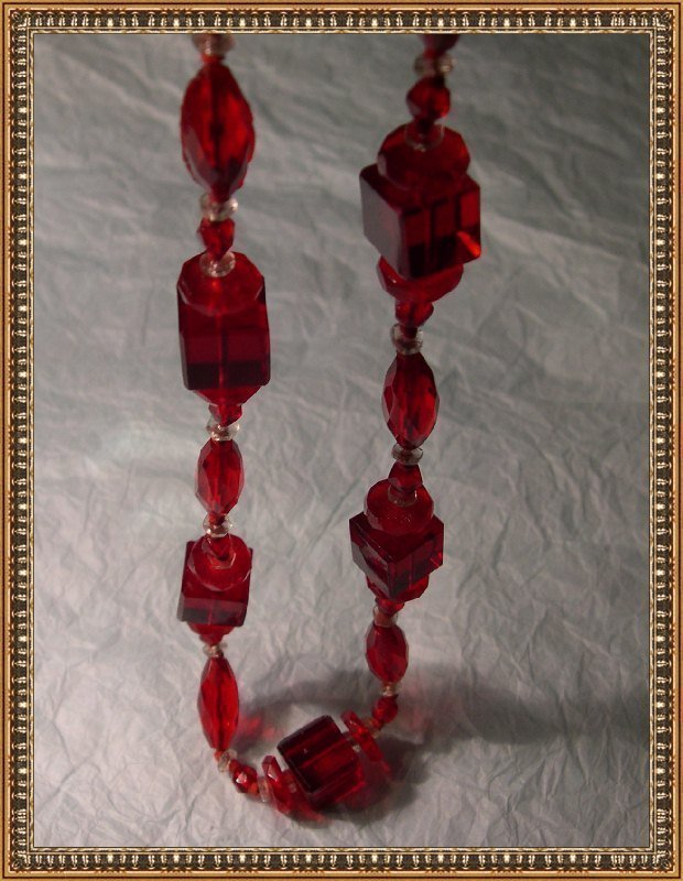 Vintage Art Deco 50&quot; Long Knotted Red Glass Necklace Multi Cut Beads