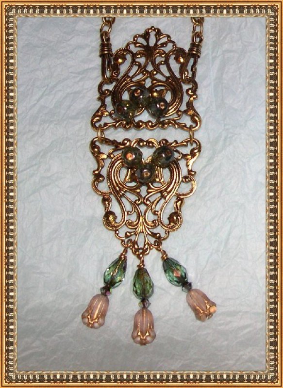 24K GP Antiqued Necklace Filigree Crystal