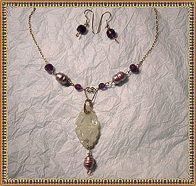 Signed Necklace Lavalier Light Pearls Amethyst Set