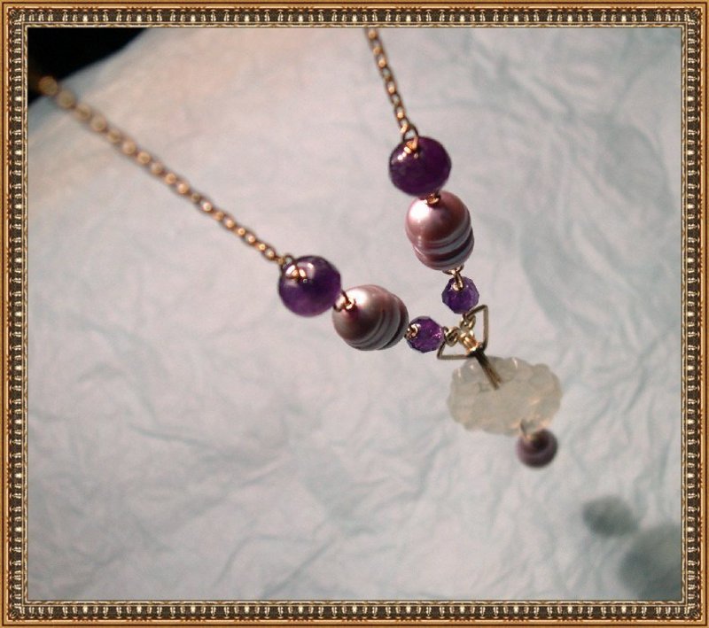 Signed Necklace Lavalier Light Pearls Amethyst Set