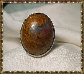 Vintage Signed Sterling Ring Large Agate Jasper Cab