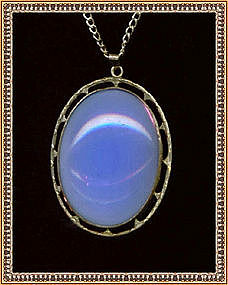 Art Deco Sterling Pendant Necklace  Blue Glass Cab