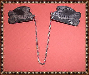 Sterling Silver Signed Mexican Chatelaine Clips Ram