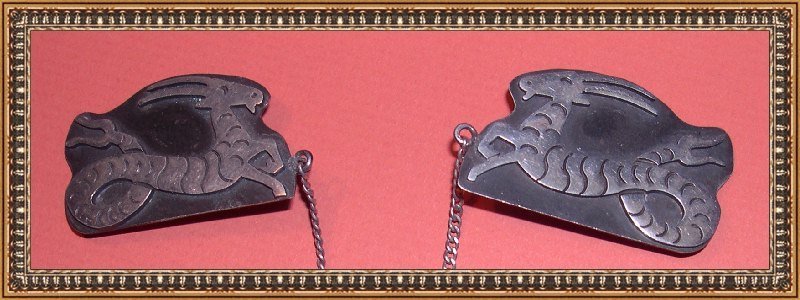Sterling Silver Signed Mexican Chatelaine Clips Ram