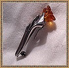 Vintage Mod or Arts Crafts Sterling Carved Amber Pin
