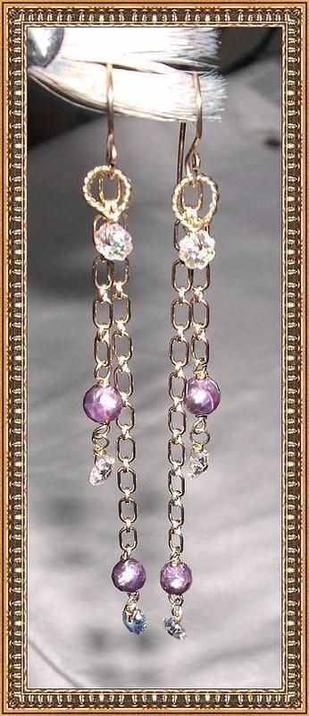 Earrings Double Chain Pearls Swarovski Faceted Crystals