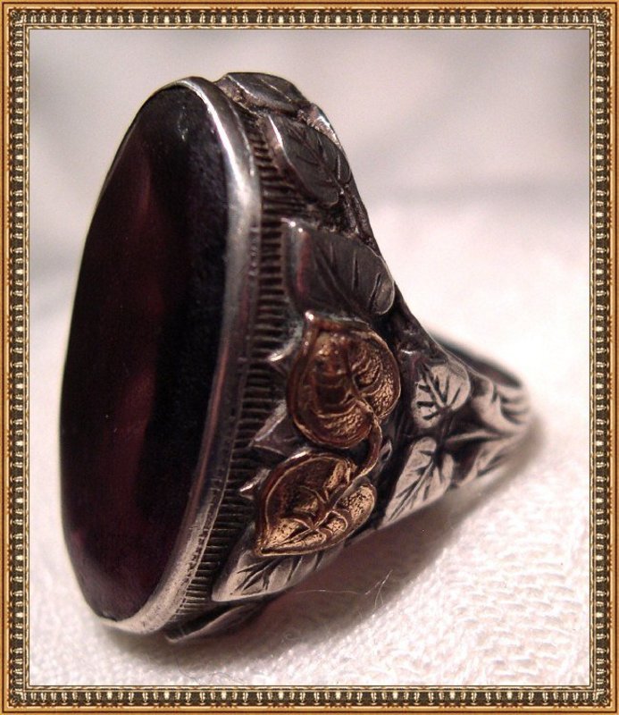 Vintage Arts Crafts Sterling Gold Leaf Ring Frosted Amethyst Glass