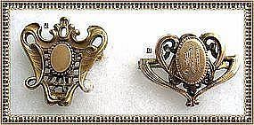 1900 Art Nouveau Early 20th Gold Gilt Watch Pin "C" Duo