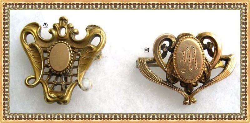 1900 Art Nouveau Early 20th Gold Gilt Watch Pin &quot;C&quot; Duo