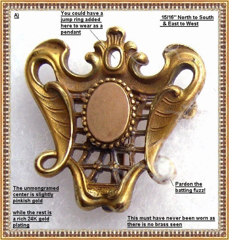 1900 Art Nouveau Early 20th Gold Gilt Watch Pin &quot;C&quot; Duo