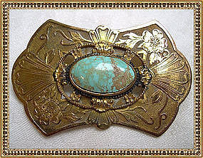 Vintage Unsgd Bliss1900 Gold Gilt Sash Pin Ornament Turquoise Cab