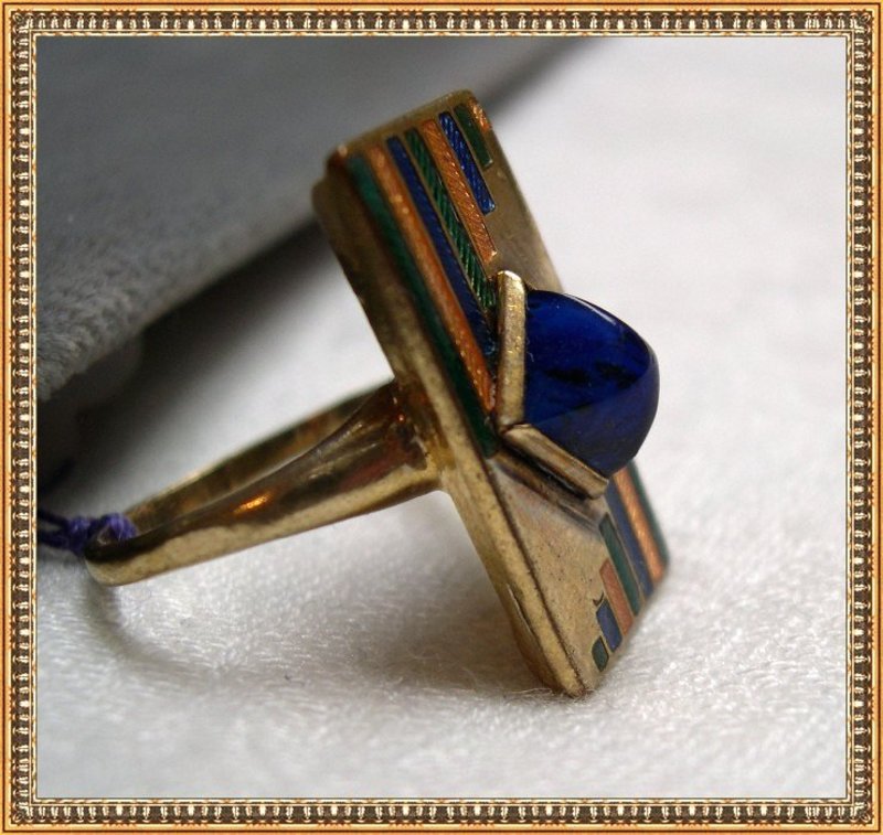 Vintage Art Deco Ring with Cobalt Blue Green Yellow