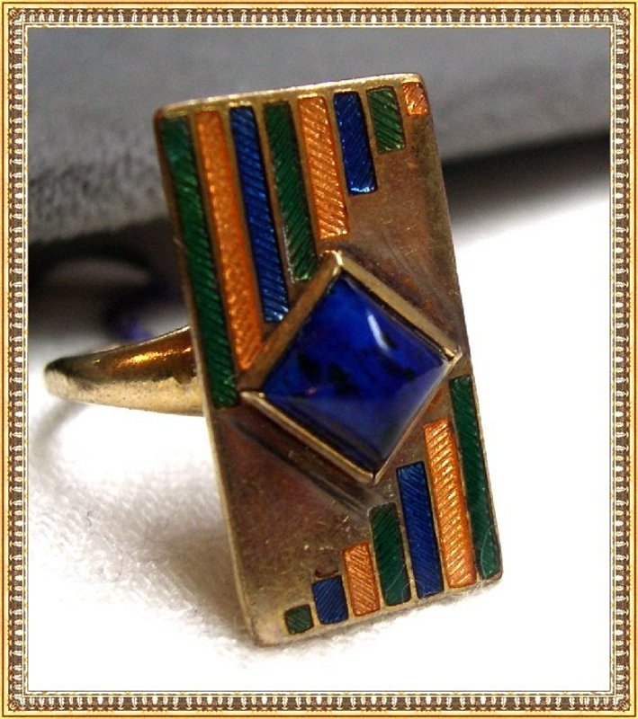 Vintage Art Deco Ring with Cobalt Blue Green Yellow
