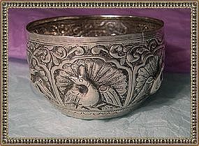 Vintage Offering Cup Bowl Silver Repousse Peacock