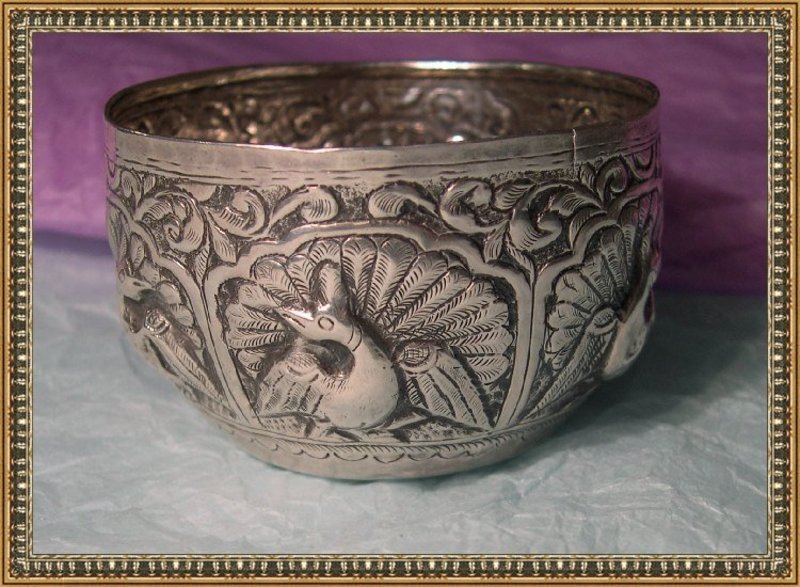 Vintage Offering Cup Bowl Silver Repousse Peacock