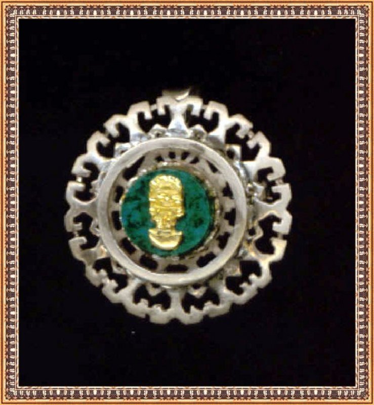 Vintage Sterling & 18K Gold Face on Malachite Pin Pendant