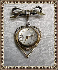 Vintage Sterling Gold Wash Bow Watch Pin Still Ticking