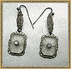 Vintage Camphor Glass Filigree Drop Earrings Sterling