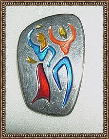 Modern Israel Silver Pin Pendant Enamel Couple Figural